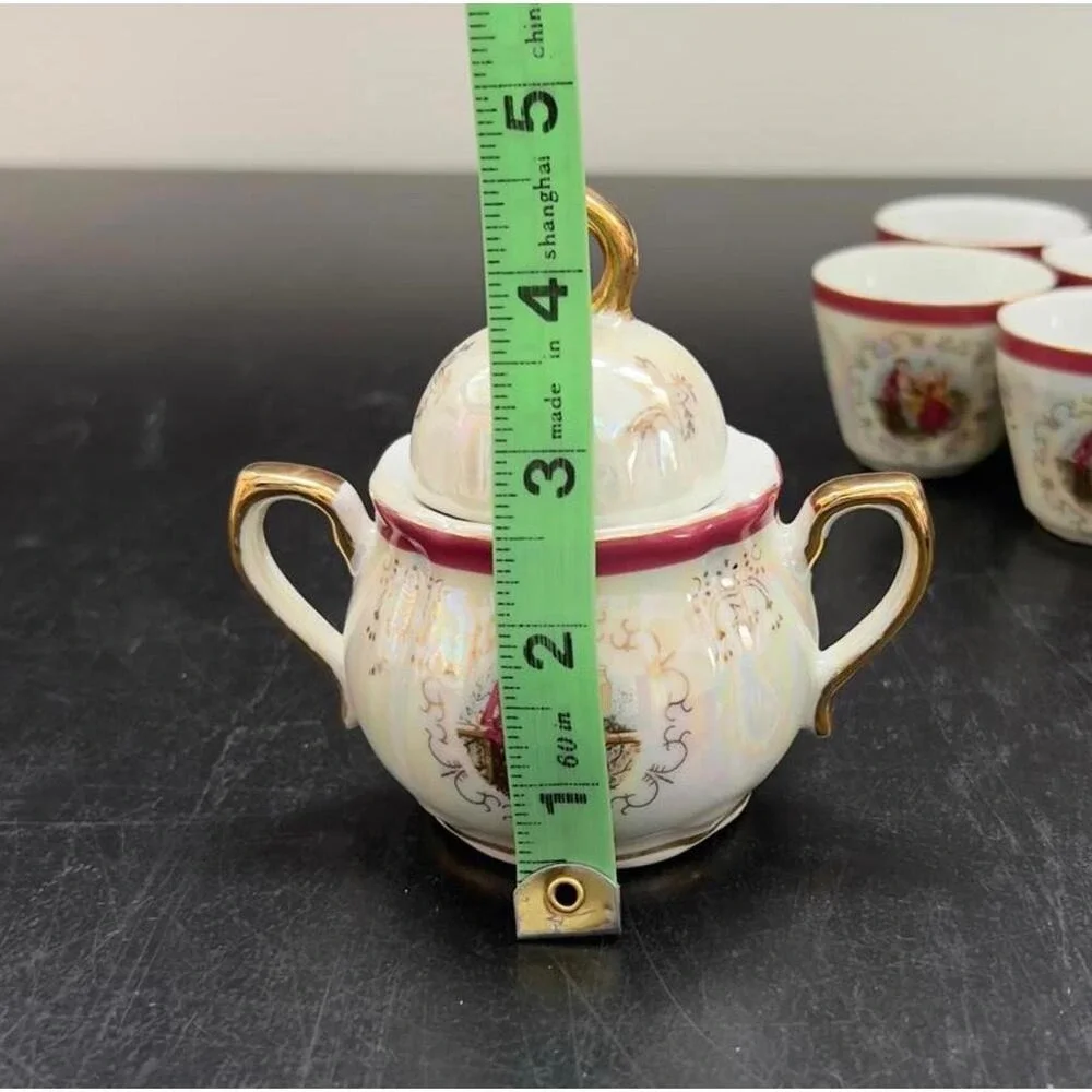 Vintage Italian Lusterware Tea Set Courting Couple‎ Burgundy Gold 8pc OS